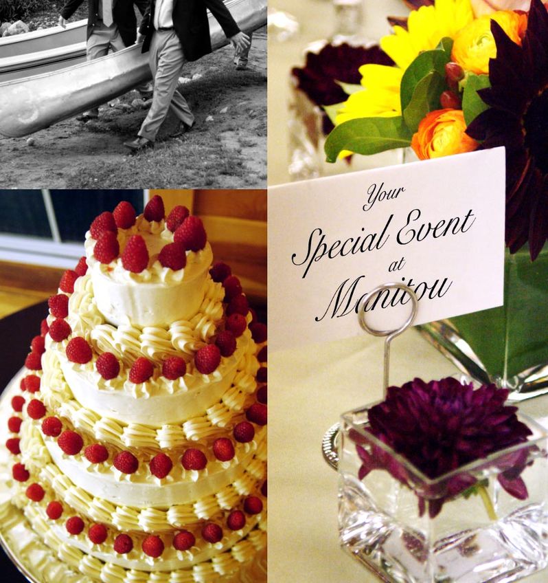 Groomsmen carrying a canoe, wedding cake, and a seating label