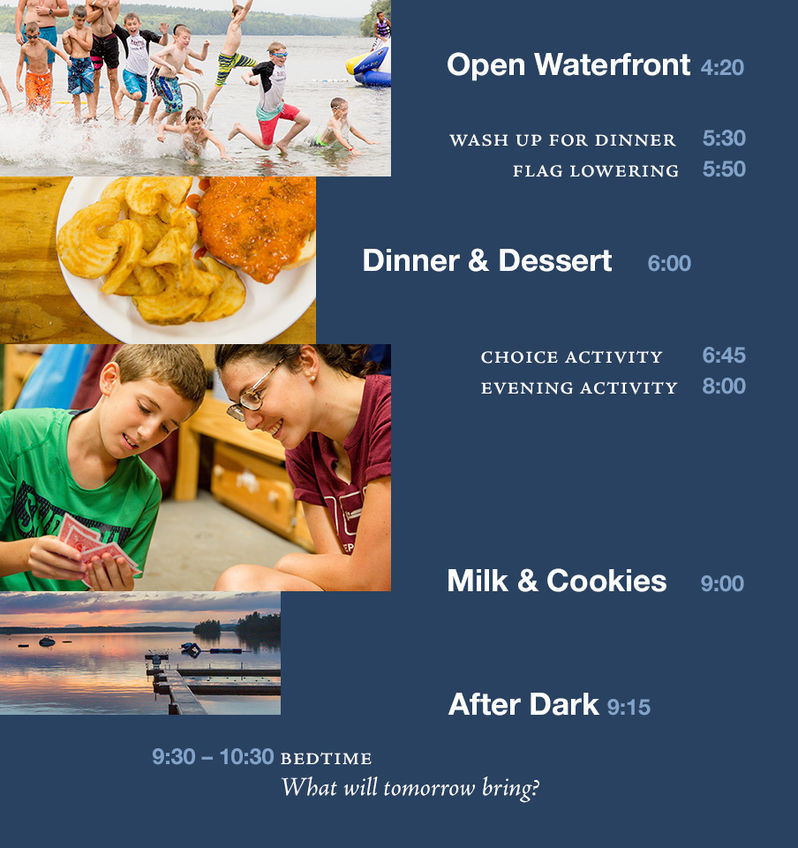 Waterfront, dinner, milk & cookies, and After Dark